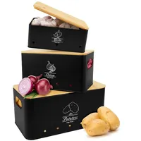 BlingBin Vorratsdose Kartoffel Aufbewahrungsbox mit Bambusdeckel, Kohlenstoffstahl + Bambusdeckel, (3er Set, 3-tlg., Zwiebeltopf, Kartoffelbox, Knoblauchtopf), Vorratsbehälter für Kartoffeln Zwiebeln Knoblauch, Gemüse, Schwarz schwarz