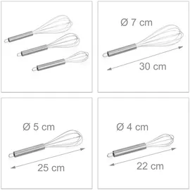 Relaxdays Schneebesen Set, professionelle Ballonschneebesen, Handschneebesen Edelstahl, 8 Zoll, 10 Zoll, 12 Zoll