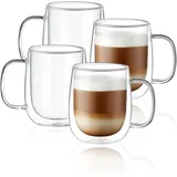 CNGLASS Doppelwandige Latte Macchiato Gläser Set 4x355ml, Glas-Kaffeebecher mit Griff, Klarglas-Espressobecher für Latte, Cappuccino, Teebeutel, heiße und kalte Getränke