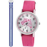 Pacific Time Kinder Armbanduhr Mädchen Junge Pferd Kinderuhr Set 2 Textil Armband rosa + blau Weiss analog Quarz 10552