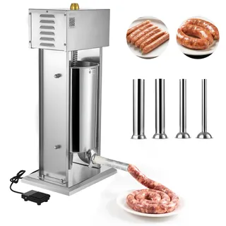Vevor elektrischer Wurstfüller 15 L Wurstfüllmaschine Fleischfüller mit stufenloser Geschwindigkeitsregelung & Pedal, Hochleistungsfüller aus Edelstahl mit 4 Wurstfüllrohren, Fleischfüllen