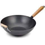 Nava Wokpfanne | Ø 32 cm | Kohlenstoffstahl | Wok Induktion Wokpfannen | Asiatischer Stil Pan Wok Pfanne | Antihaftbeschichtung | Holzgriff