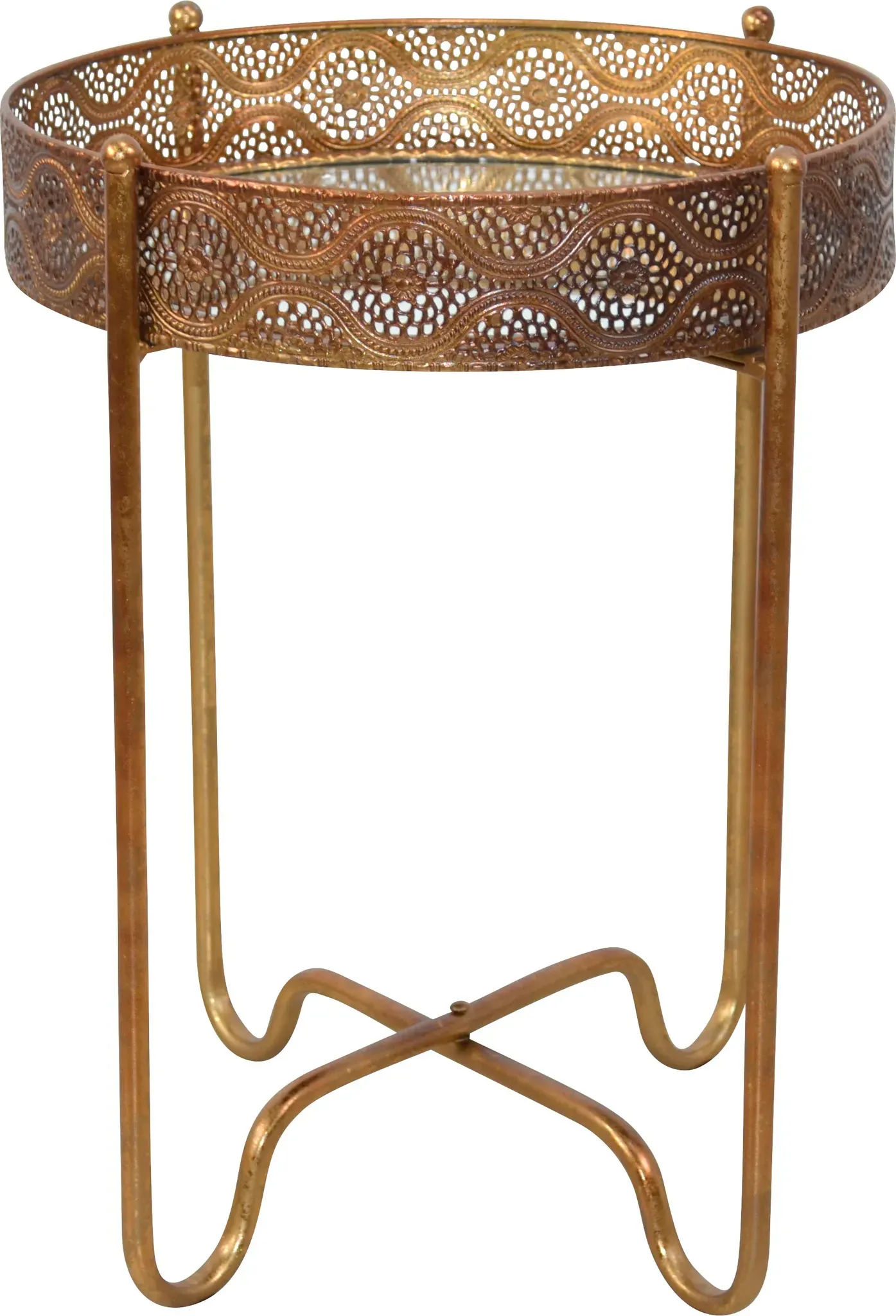 Beistelltisch HOME AFFAIRE, gold (goldfarben), H:51cm, Stilvoll und praktisch: Der Beistelltisch von Home affaire im orientalischen Stil zieht alle Blicke auf sich. Die Optik des runden Tisches ist durch den reizvollen Dekormix geprägt. Gestell und die Umrandung der Tischplatte sind aus pulverbeschichtetem goldfarbenem Metall gefertigt. Die Tischplatte ist eine verspiegelte Fläche. Seinen besonderen Reiz verdankt das Kleinmöbel dem attraktiven Lochmuster der Tischumrandung. Das Möbelstück ist neben einem Sofa oder dem Bett einsetzbar, um Getränke oder Zeitschriften abzulegen. Passt zu unterschiedlichen Einrichtungen: der Beistelltisch von Home affaire im orientalischen Stil., Tische