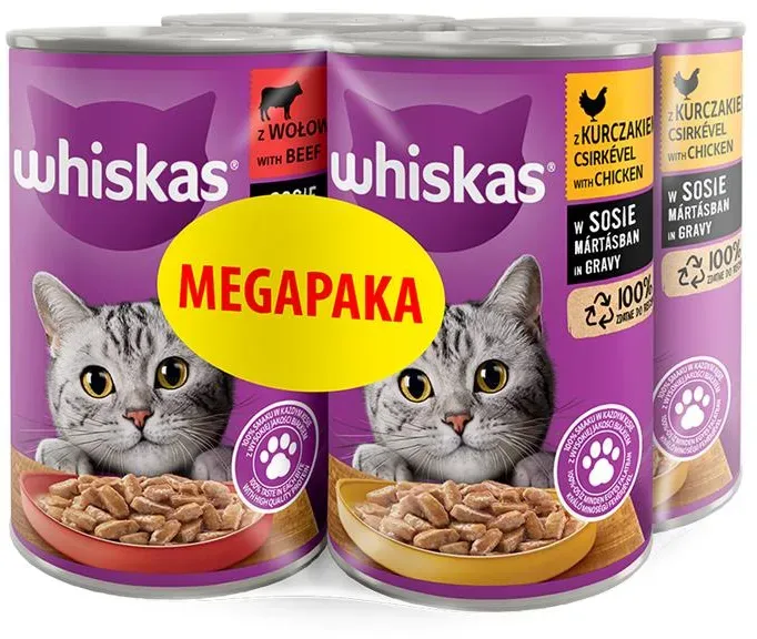 WHISKAS Adult DOSEN 4X400G – Nassfutter für Katzen in Soße (2x MIT HÜHNCHEN, 2x MIT RIND)