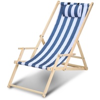 Clanmacy Liegestuhl Strandliege Sonnenliege Gartenliege Holz Liege Holzstrandliege120kg Blau weiß Mit Handläufen