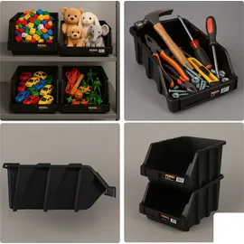 Perel Stapelbox, Lagerboxen Kunststoff, Sichtbox, Werkstatt Stapelbox Garage, Sichtlagerkasten zur - Schwarz
