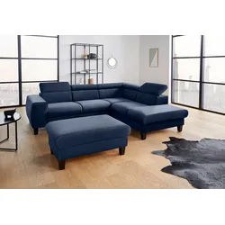 Polstergarnitur COTTA "Morven L-Form", blau, B:249cm, Sitzmöbel-Sets, Set bestehend aus: Ecksofa mit Kopfteilverstellung & Hocker