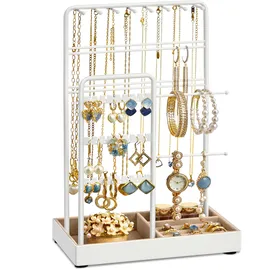 Songmics Schmuckständer, Schmuckhalter, Metallrahmen, Schmucktablett Samt, Schmuckaufbewahrung für Halsketten Armbänder Ohrringe Ohrstecker Ringe, Geschenkidee, weihnachten, weiß JJS021W01