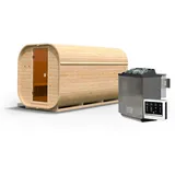 Woodfeeling Karibu Saunahaus Fasssauna Quadro 3 - 38 mm inkl. 8-teiligem gratis Zubehörpaket 9 kW Bio-Kombiofen inkl. Steuergerät