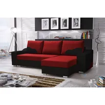 Fun Möbel Ecksofa Sofa COLLIN mit Schlaffunktion Schwarz / Rot Ottomane Rechts - Schwarz