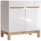 Lomadox Waschbeckenschrank SOLNA-56 Waschtischunterschrank 80 cm Hochglanz weiß mit Wotaneiche 80x85x46cm weiß