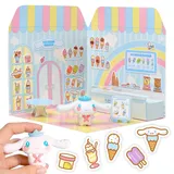 Comansi Playset Cinnamoroll Ice Cream Parlour 40 + Aufkleber und 6 cm Figur | 3D Haus Restaurant Wiederverwendbare Aufkleber | Kawaii Foodcourt Sticker House | Comansi