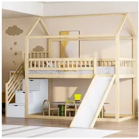 Merax Hochbett (1-St., Stockbett Jugendbett Massivholzbett Hausbett) Massiv Kinderbett 90x200cm mit Rutsche Stauraumleiter Sicherheitszaun beige