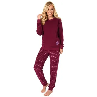 normann-wäschefabrik Damen Frottee Pyjama Schlafanzug Langarm mit Bündchen und Eiskristall Motiv 281 201 03 004, Farbe:rot, Größe2:48/50 - 48