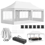 Pavillon 3x6, Faltpavillon 3x6 Wasserdicht Stabil, 290-300-310CM Hoch, UV Schutz 50+, Partyzelt mit 4 Seitenwänden, 12 Erdhaken 6 Seile und 6 Sandsäcke, Gartenzelt für Camping Hochzeiten Markt, Weiß