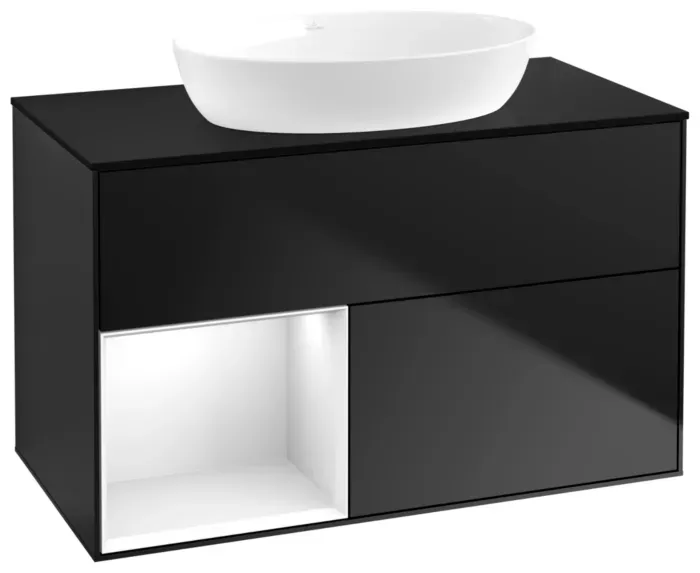 Villeroy und Boch Finion Waschtischunterschrank GA12GFPD 100cm, Abdeckplatte black matt, Emotion, Regale Glossy white lacquer, Black matt lacquer