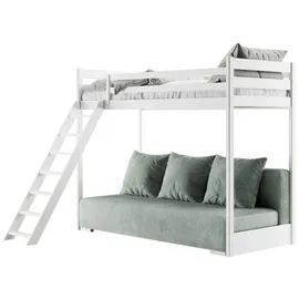 dein schlaf 24 Etagenbett Jugendbett Couch SIDNEY 90x200/140x200 mit Schlaffunktion Couch in Cord Samt inkl 3 große Kissen Weiss Grau Funktionsbett aus Kiefernholz - Weiß/Grau
