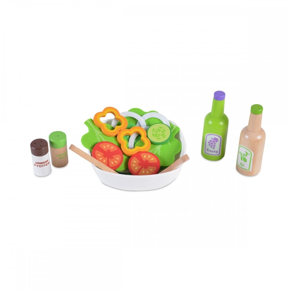 Moni Spielzeug Salat-Set 4303 aus Holz Schüssel Salat Gemüse Salatbesteck Essig grün