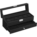 Famanu Uhrenbox mit Glasklappe - 2 Ebenen für 12 Uhren, abschließbar, mit Schublade für Ringe und Armbänder