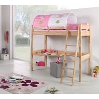 Natur24 Kinderbett Hochbett Renate Buche Massiv Natur lackiert mit Schreibtisch und Textilset braun