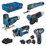 Bosch 12V Akku Combo Kit: GSR 12V-15 + GWS 12V-76 + GHO 12V-20 + GST 12V-70 + GOP 12V-28