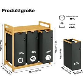 ADEL DREAM AdelDream Wäschekorb mit Bambusrahmen 150 l, 3 Fächer Bambus Wäschesammler Grau - Grau