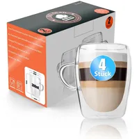 BigDean Latte-Macchiato-Glas 4 Stück doppelwandige Latte Macchiato Gläser mit Henkel 300 ml, 4-tlg., Glas, Borosilikat Glas, Spülmaschinenfest, Lebensmittelecht weiß