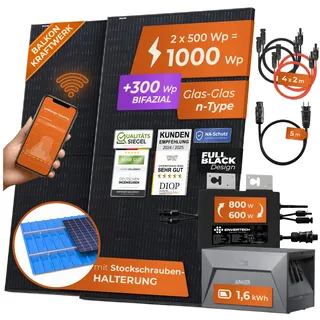 Solarway® 1000W Balkonkraftwerk mit Speicher 800W komplett Steckdose - neuester 800 Watt Wechselrichter - 1,6 kWh Anker Solix 1 - 500W bifaziale Solarmodule & Envertech & Anker
