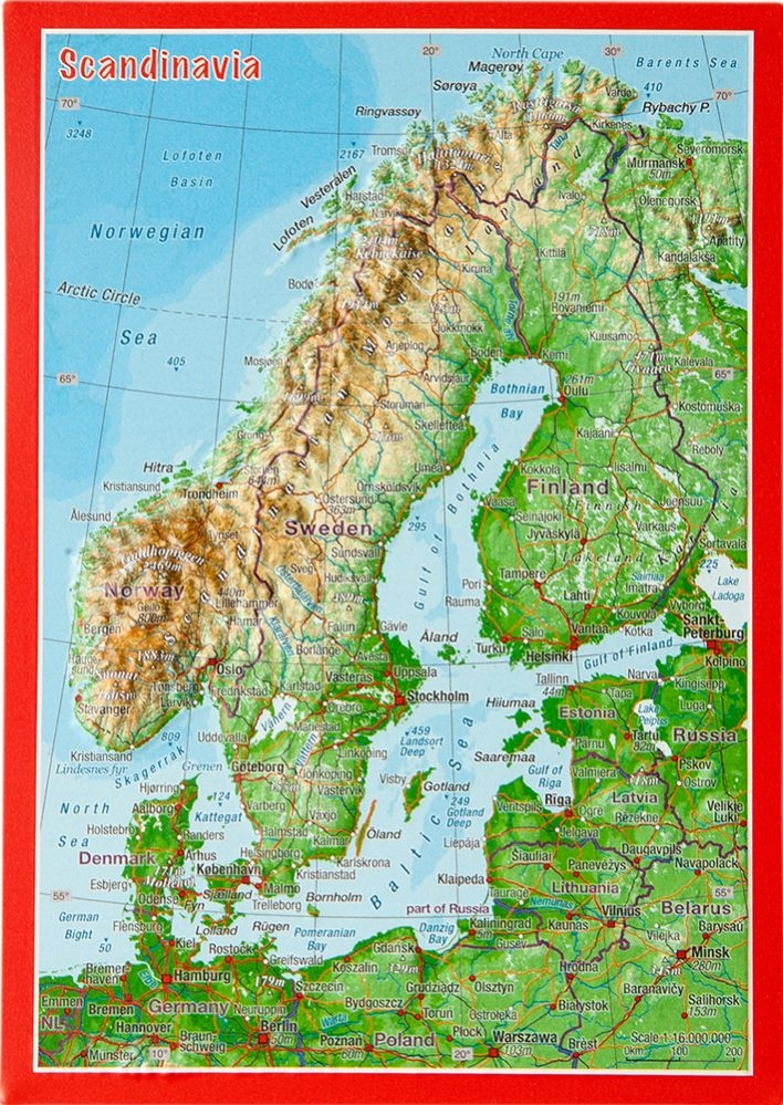 Georelief Reliefpostkarte Skandinavien - bunt