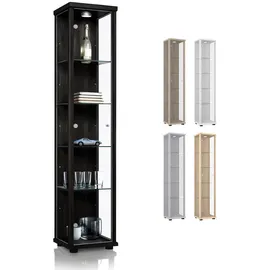 K-Möbel Glasvitrine Schwarz Glas, 4 höhenverstellbaren Glasböden - LED - Vitrinenschrank - Sammlervitrine - Schwarz