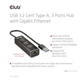 Club 3D CSV-1430A USB 3.2 Gen 1 (3.1 Gen 1) Type-A, 1000 Mbit/s,