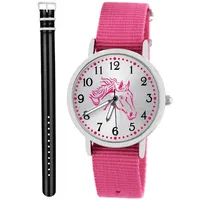 Pacific Time Kinder Armbanduhr Mädchen Junge Pferd Kinderuhr Set 2 Textil Armband rosa + schwarz grau analog Quarz 10563