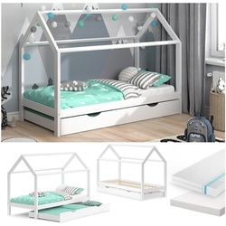 VitaliSpa Kinderbett Hausbett Gästebett Wiki Weiß 90x200cm Schublade Matratzen
