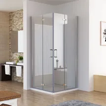 MIQU Eck-Duschkabine mit Falttür rechts 90 x 90 cm Silber/Transparent ESG Glas