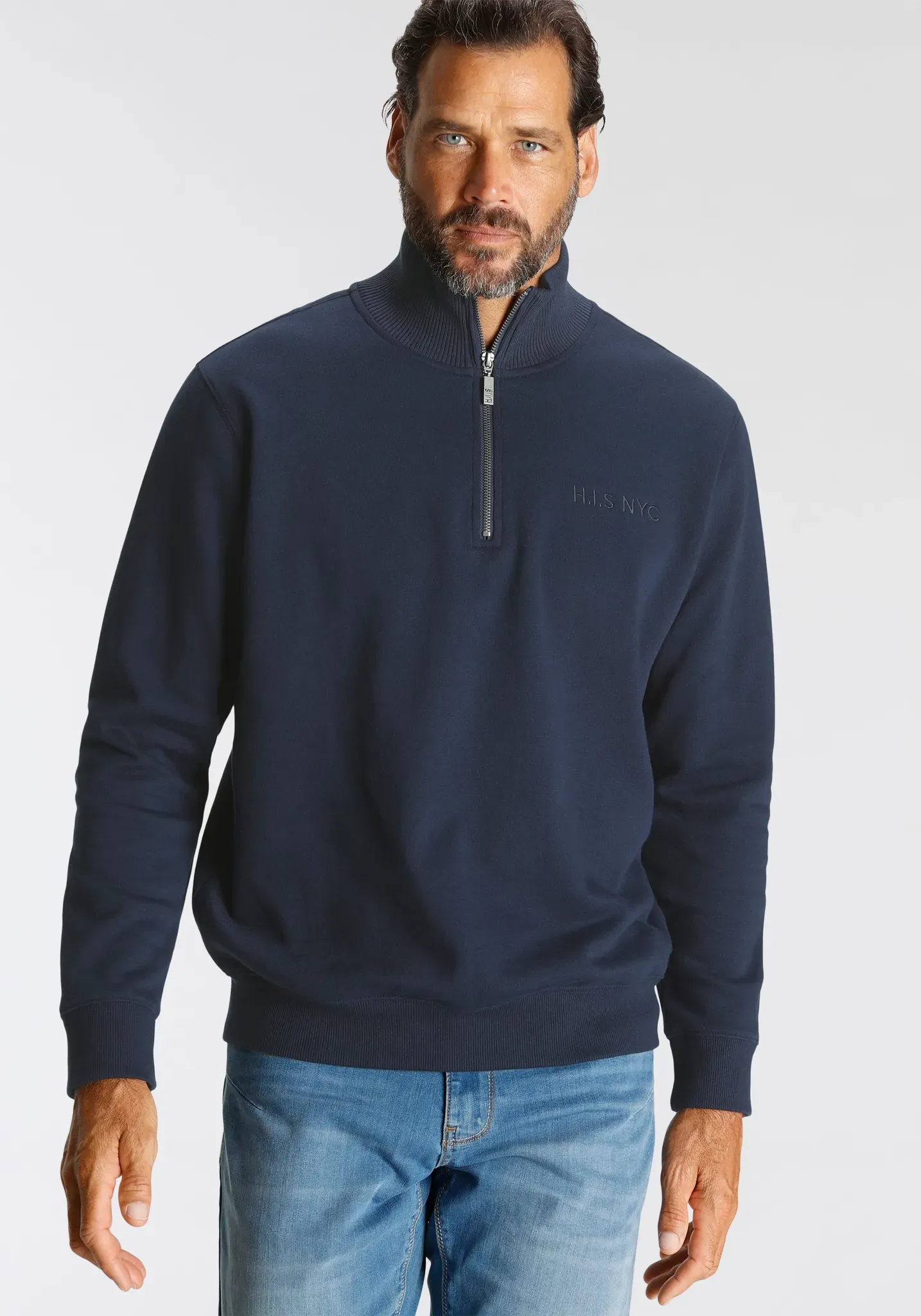 Sweatshirt H.I.S, Herren, Gr. 4XL (68/70), blau (marine), Sweatware, Obermaterial: 60% Baumwolle, 40% Polyester, unifarben mit Farbeinsatz, normal, Sweatshirts Sweatshirt, unifarben, aus dehnbarer Sweatware, mit Logostickerei