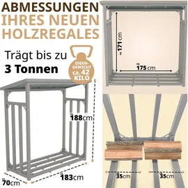 lawa living and lifestyle Kaminholzregal Metall VERZINKT 188x70x188 Feuerholzregal Brennholzregal außen mit Dach Stapelhilfe Kaminholz 3t für ca. 3,33 SRM, Silber - Silber