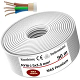 MAS Premium Feuchtraumkabel Stromkabel 5-170m Mantelleitung NYM-J 5x1,5, 2,5, 4, 6, 10 oder 16 Elektrokabel Ring für feste Verlegung (NYM-J 5x1,5 mm2, 90m)