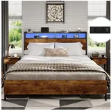 MSMASK Bett Bett mit LED Beleuchtung, Metallbett mit Steckdose, Braun, mit USB-Ladefunktion braun 140 cm x 200 cm x 100 cm