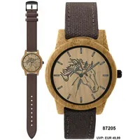 Pacific Time Armbanduhr Pferd Holzuhr Holz Gehäuse Canvas Textil Armband 87205 - Braun