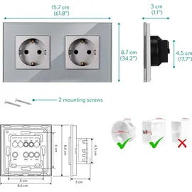 Navaris Steckdose mit Glasfrontplatte - Grau - Feuerfest, Wasserabweisend, Kratzfest - Steckdosen anthrazit - Wandsteckdose -Doppelsteckdose Unterputz - Schuko Steckdose Unterputz