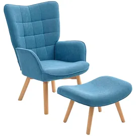 Homcom Ohrensessel Cord 72 x 101 x 40 cm Blau mit Hocker
