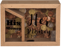 Spardose aus Holz "His money & Her money" braun