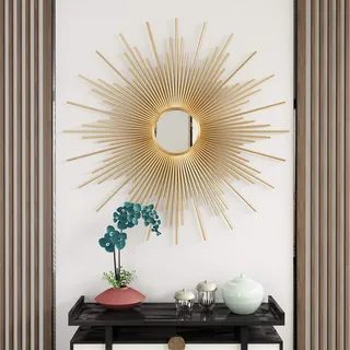 SYLUOQP Deko Spiegel Gold Sonne, 60cm/70cm/80cm Großer Runder Starburst Dekorativer Wandspiegel, Wandrahmenspiegel Wanddeko Wanddekoration Dekoration Sonne Strahlen Licht,70cm