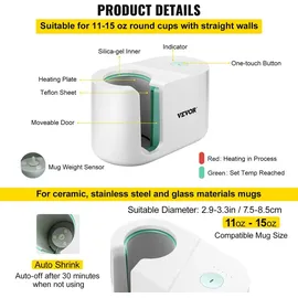 Vevor Tassen Presse Maschine 280 W, Automatische Becherpresse 11–15 Unzen Weiß, Sublimationspresse aus ABS & Silikon & Teflon, DIY Transferpresse Becher Max. 200 °C, Zeitbereich 0-100 s, 2,6 kg