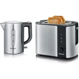 SEVERIN Reise-Wasserkocher-Set, Mini-Reisewasserkocher für 0,5 L, elektrischer Wasserkocher & Automatik-Toaster, Toaster mit Brötchenaufsatz, 800 W, Edelstahl-gebürstet/schwarz