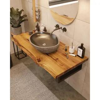 BestLoft Waschtischplatte Holz (Länge: 60 cm/Breite: 45-50 cm) Waschtisch Holz Eichenbrett Massiv 40 mm dick Tischplatte Baumkante Waschplätze rustikale Waschtischkonsole Massivholzplatte