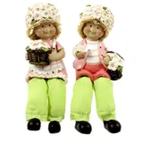 Ellug 2er Set Blumenkinder Blumenhut Kantenhocker Schlenkerbeine Frühling Deko Figuren aus Kunststein Größe ca. 13cm