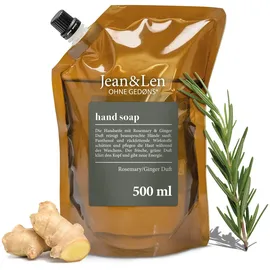 Jean&Len Jean & Len Handseife Nachfüllbeutel Rosemary & Ginger, reinigt beanspruchte Hände, für die tägliche Anwendung, Flüssigseife im Nachfüllpack, ohne Parabene, Silikone & Mikroplastik, 500 ml