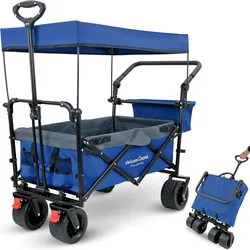 deluxe4home® Bollerwagen faltbar mit Breiten Reifen und Dach   Blau/Grau
