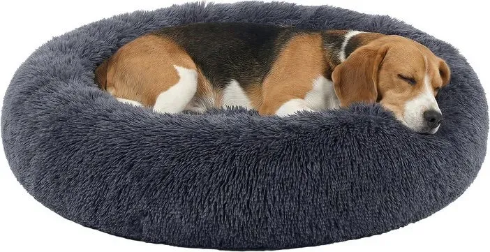 Flauschiges Hundebett und Katzenbett, Donut-Kissen, waschbar, herausnehmbares Zentrumskissen, langflorig, 80 cm Durchmesser, dunkelgrau